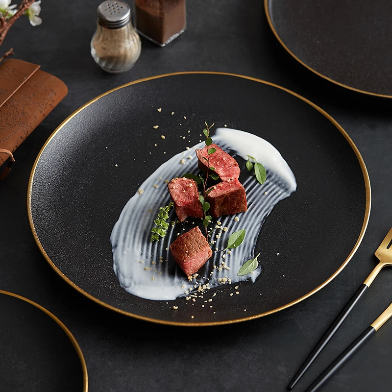 Frosted Black Ceramic Dinner Plate with Gold Border Round Steak Plate Hotel Restaurant Tableware Set Kitchen Utensils Porcelain