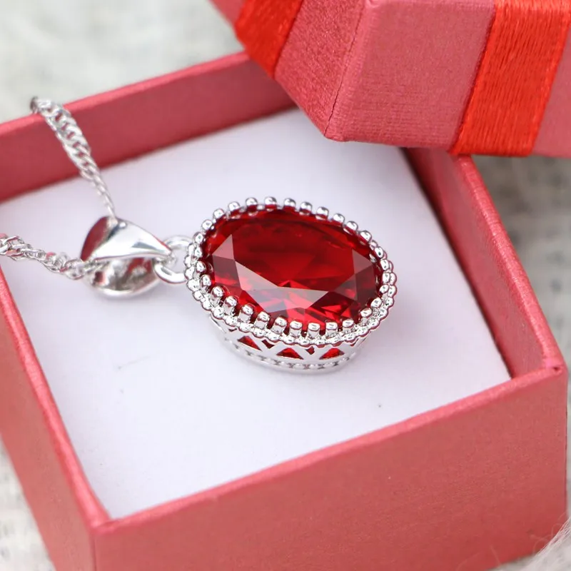 Silver 925 Pendant Necklace for Women Red Cubic Zirconia Wedding Accessories