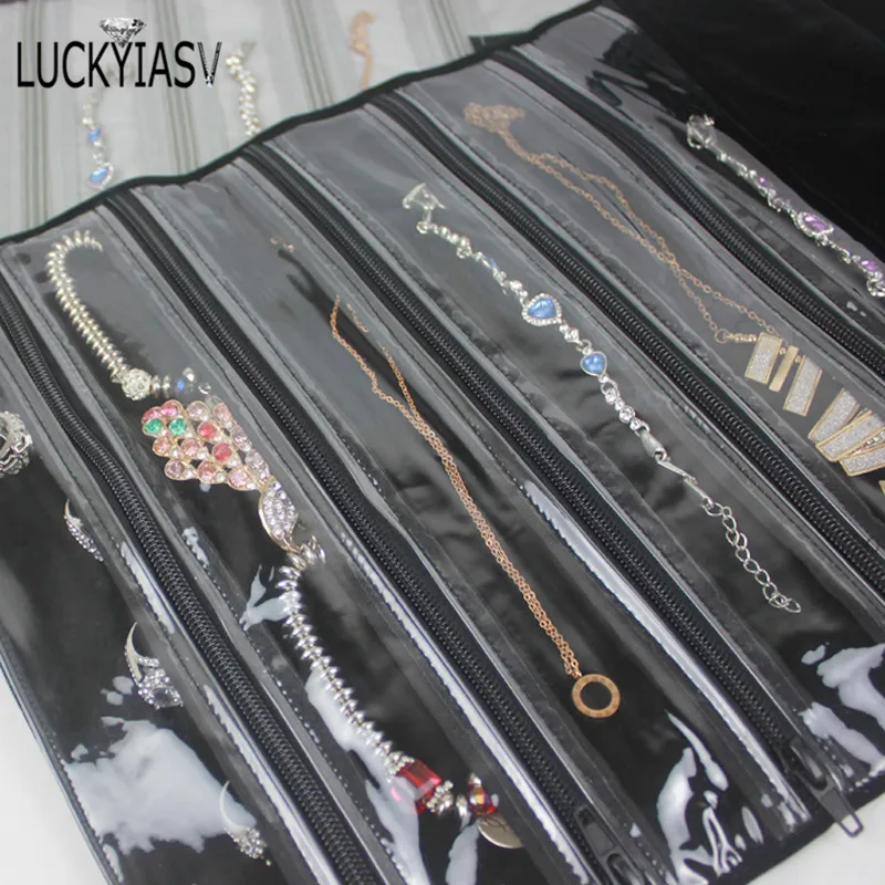 

2022 Newest Black Velvet Zipper Jewelry Roll Bag Portable Necklace Box 9 Grid Organizer Storage Bag Jewellery Display Cases Bag