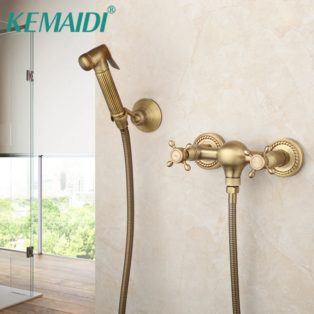 

KEMAIDI Antique Brass Bathroom Toilet Bidet Faucets Wall Mounted Faucet With Hand Shower Head Bathroom Accessories