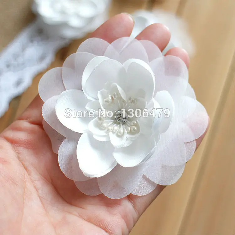 Handmade Flowers for Bridal Headdress, White Plus Diamond Pearl Flowers, New, RS595, 10 PCs