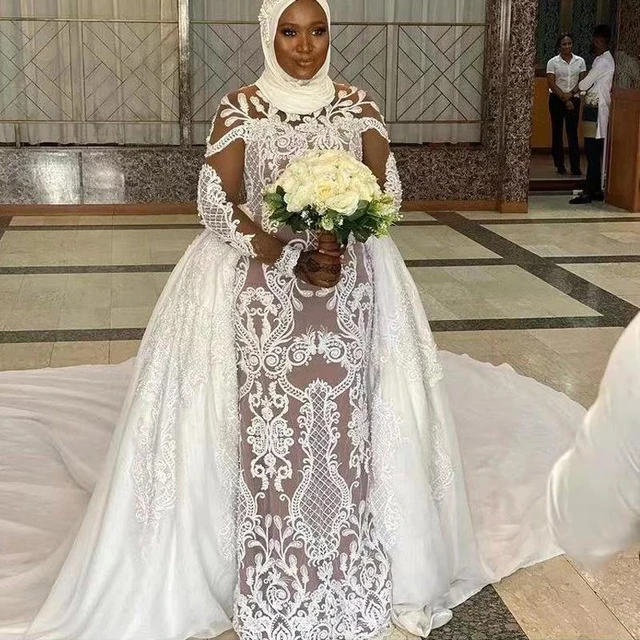 Plus Size African Nigeria Mermaid Wedding Dresses With Detachable Lace  Applique Long Sleeve Nude Lining Muslim Bridal Dress Robe - Wedding Dresses  - AliExpress