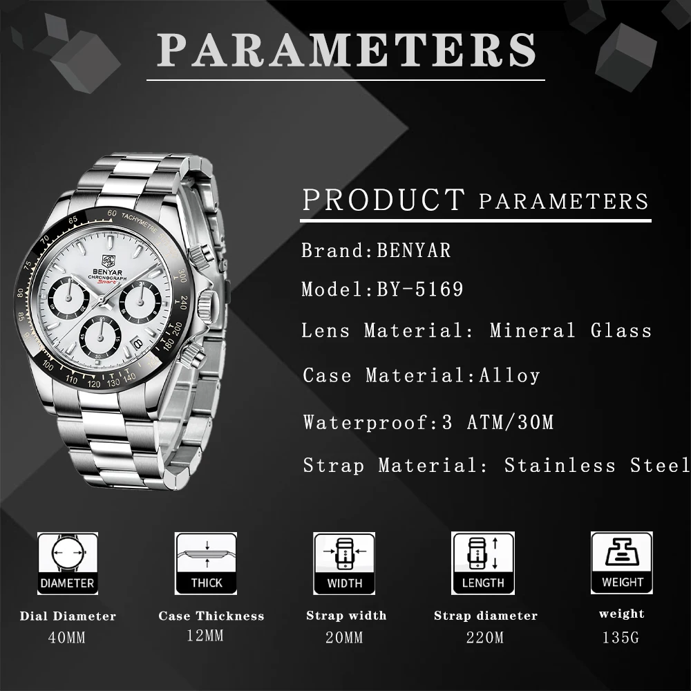 BENYAR BY Orologio Da Uomo Cronografo Quarzo - 42mm, Impermeabile, Luminoso, Cinturino In Pelle O Acciaio - Regalo Elegante