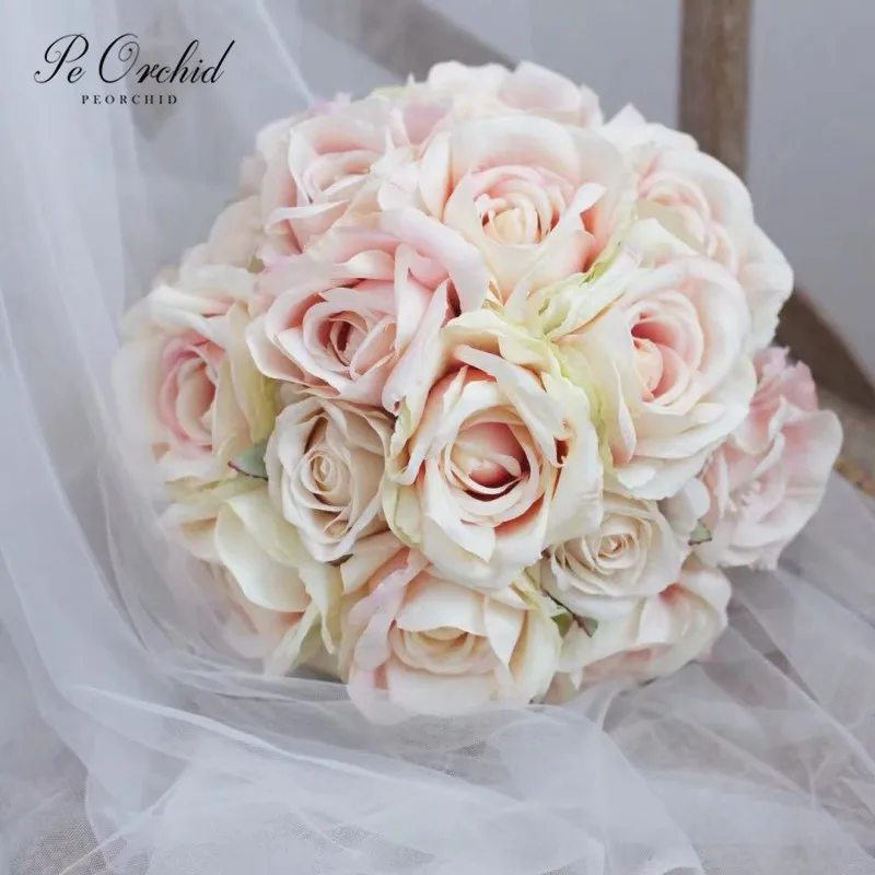 

PEORCHID Romantic Pink Wedding Bouquet De Novia Handmade Artificial Silk Roses Bridesmaid Hand Holding Flower Bouquet