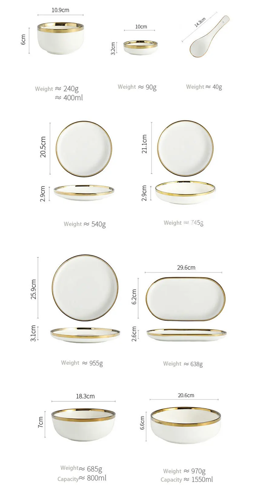 Ceramic Dinnerware Plate Bowl White Gold Stroke Ceramic Dinner Plate  Steak Tableware Rice Soup Bowl Spoon Dish Home Decoration