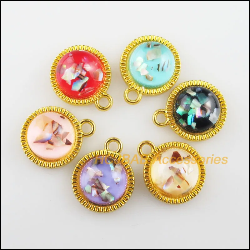 

12 New Round Flower Resin Pendants Shivering Mixed Charms Gold Tone 12.5x15.5mm