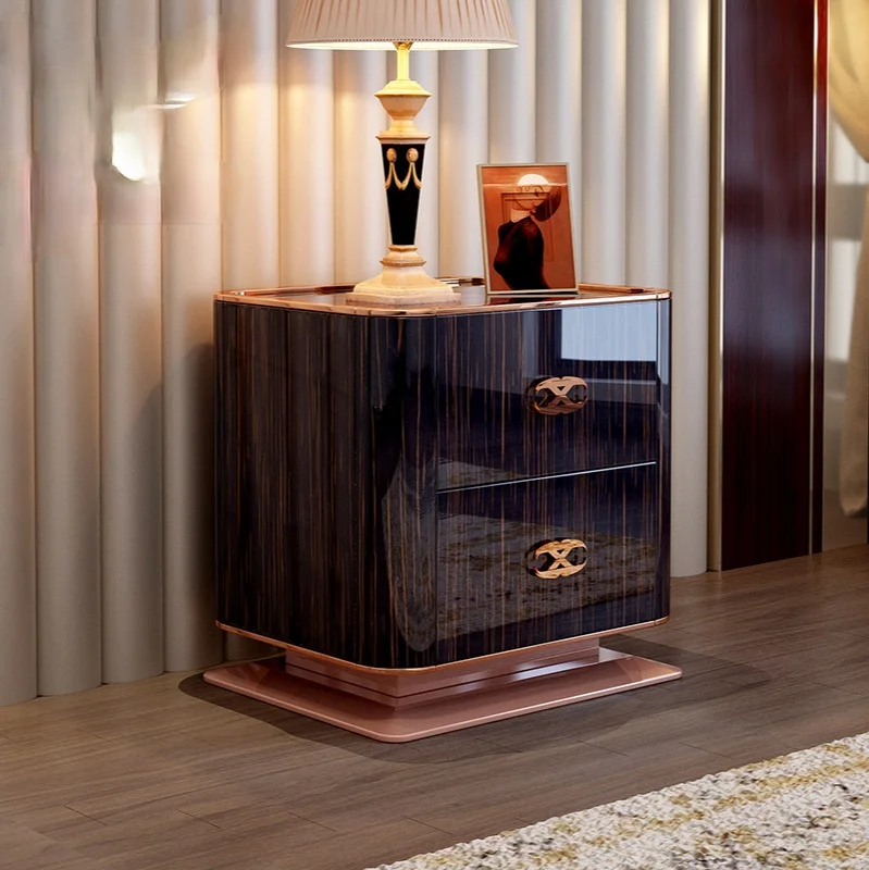 Bedside table gold silk ebony bright paint bedroom luxury square corner several full solid wood furniture