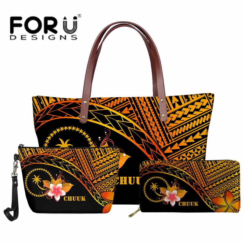 

3Pcs Fashion Shoulder Bag for Women Chuuk Polynesian With Plumeria Flower Print Vintage Luxury Female Handbags Waller Sac Mujer