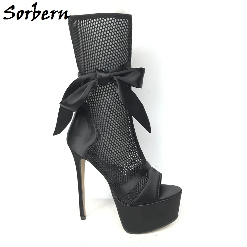 

Sorbern Black Transparent Ankle Boots Summer Style Satin Bowknot Breathable Mesh Ladies Boots Custom Colors Plus Size 15