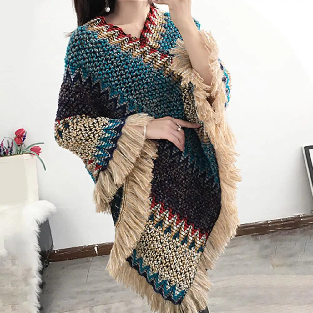 Bohemian Cloak Coat Women Poncho Thick Tassel Irregular Hem Cape Coat Women Knitted Sweater Cape Coat capa mujer пончо женское