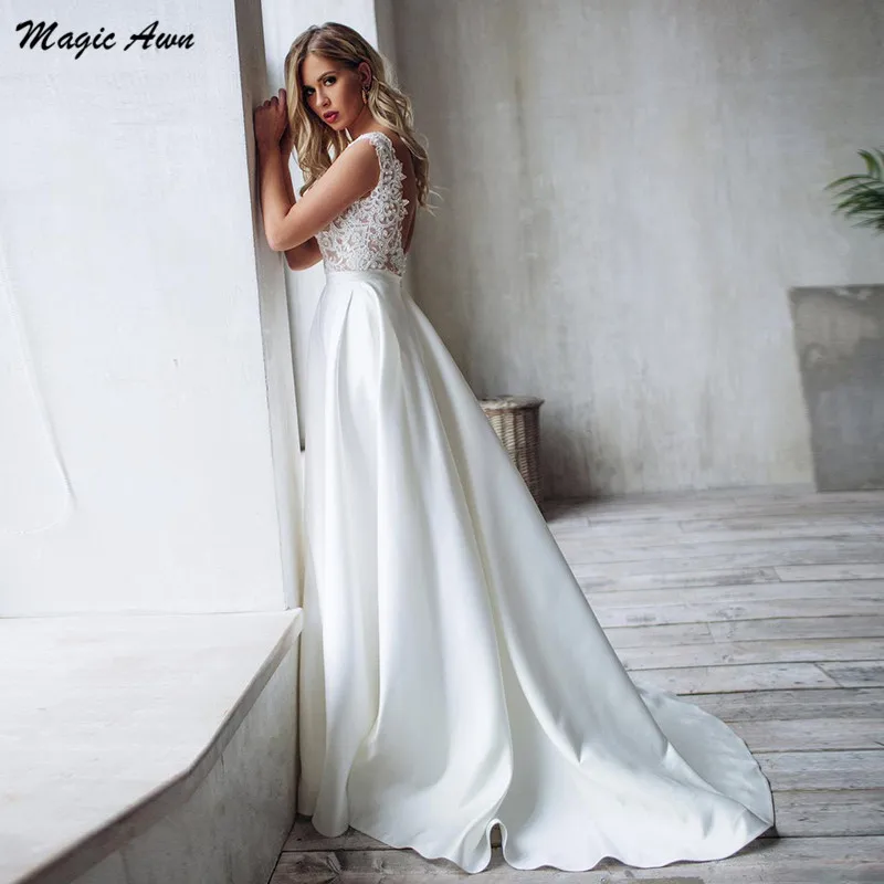 Magic Awn-Vestidos de novia de satén con encaje, ropa de novia Bohemia con escote en V, Espalda descubierta, línea A, tren de barrido, Princesa, elegante, 2021