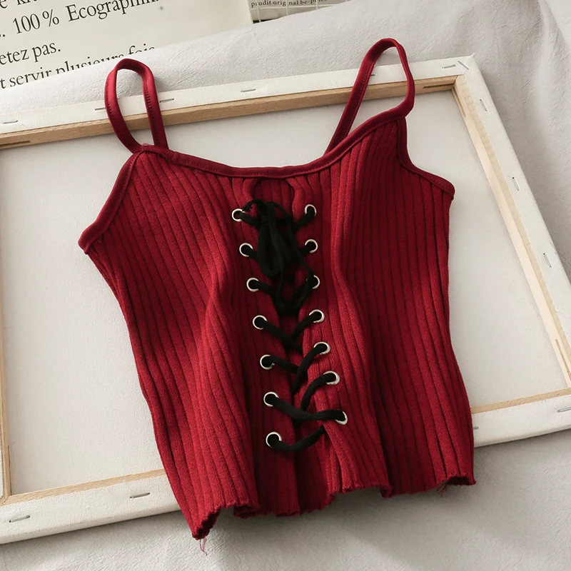 Pearl Diary Women Drawstring Knit Camisole Ladies Sexy Spaghetti Strap Rib Knit Crop Top Female Solid Camis Skinny Short Top