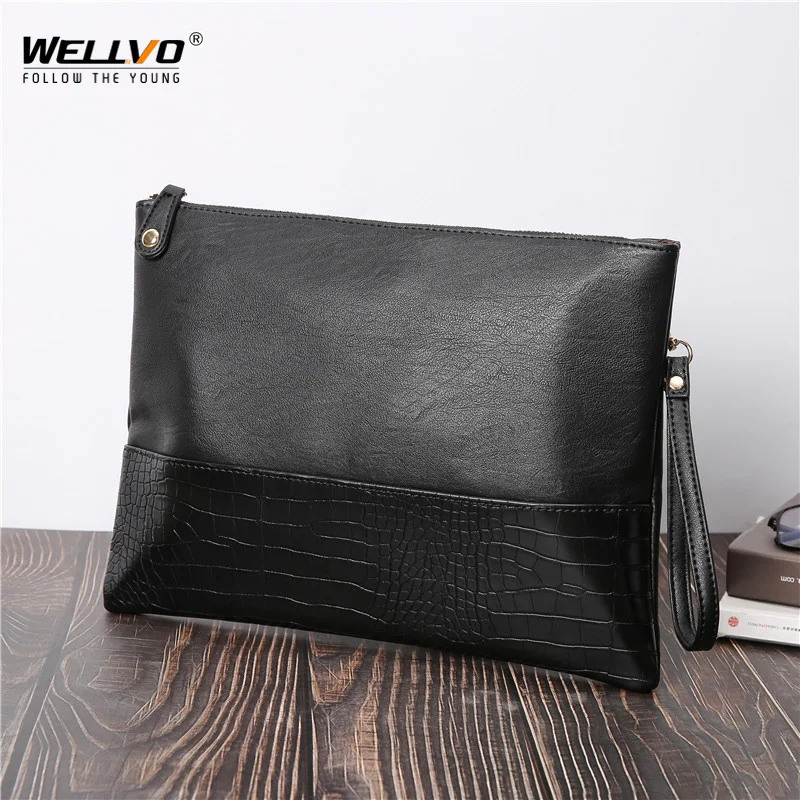 Men Leather Day Clutch Envelope Hand Bag Alligator Patchwork Business Male Bags Vintage Soft Large Office Wallet For Phone XA70C