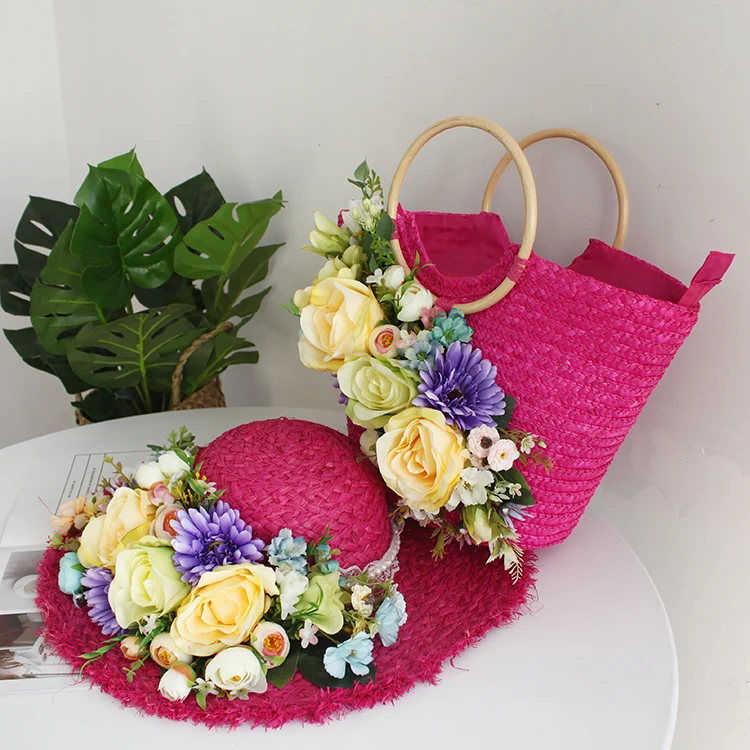 Bohemia Women Flower Beach Bag Summer  Lace Rattan Handbag and Hat Suit Multicolor Artificial Flowers Weave Straw Casual Tote