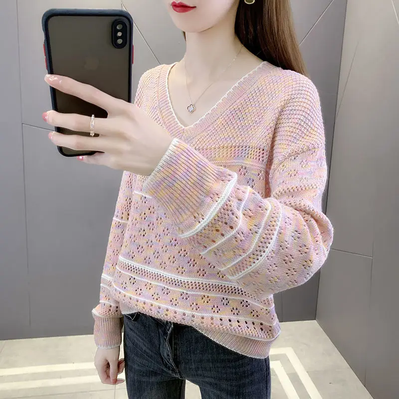 Harajuku Fall 2020 New Women's Hoodie Casual Patchwork Hollow Sweater Long Sleeve V-neck Knitted Sweater Pullover Women