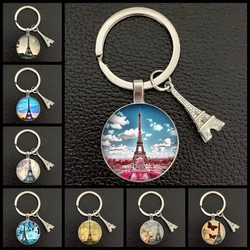 Romantic Paris Eiffel Tower Key Chains Art Lady Wander Drawing Design Glass Pendant Cute Keychain Keyring Women Bag Jewelry