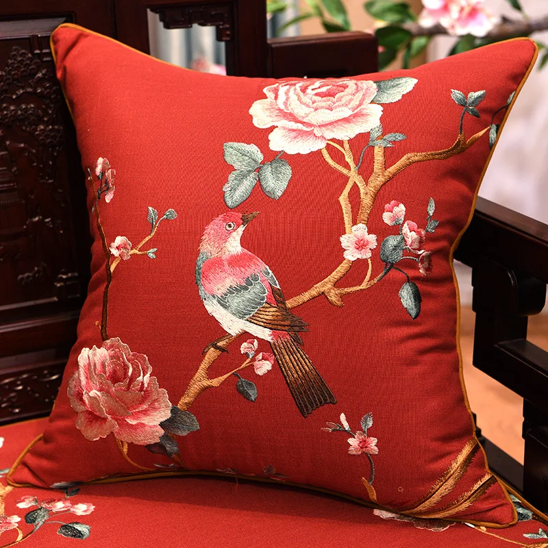Chinese flower bird embroidered cushion cover cotton linen pillow cover sofa lumbar pillowcase 60x60cm