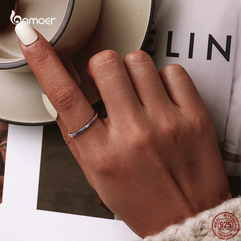 Bamoer 2021 Authentic 925 Sterling Silver Rainbow CZ Finger Rings For Women Stackable Trendy Wedding Jewelry Multi-size GXR583