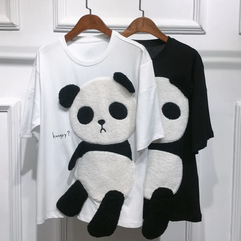 Summer Flocking Cartoon Panda Pattern Stitching T Shirts Women Kawaii Loose Top Girls Street Fashion Hip Hop Casual Top Tees