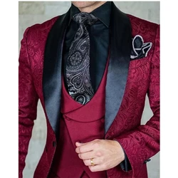 Burgundy Jacquard Men Suits for Wedding Slim Fit Black Lapel Groom Tuxedo Best Man Formal Party 3 Piece Suit (Blazer+Vest+Pants)