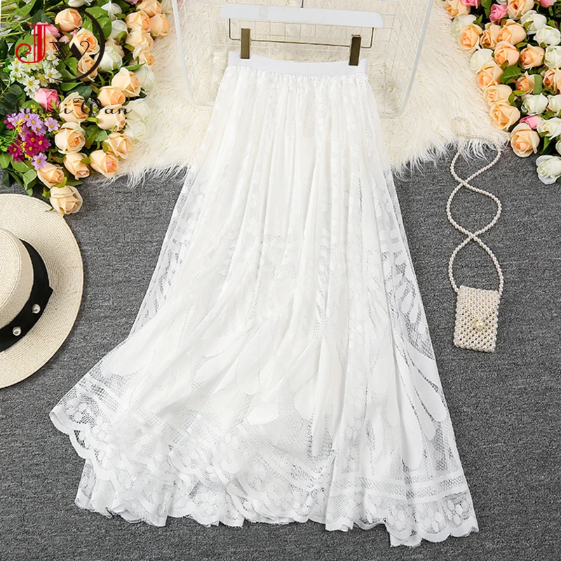 Summer Solid Lace Skirt Women Sweet Mesh High Waist Elegant Office Ladies Korean A-Line Long Skirts Saias