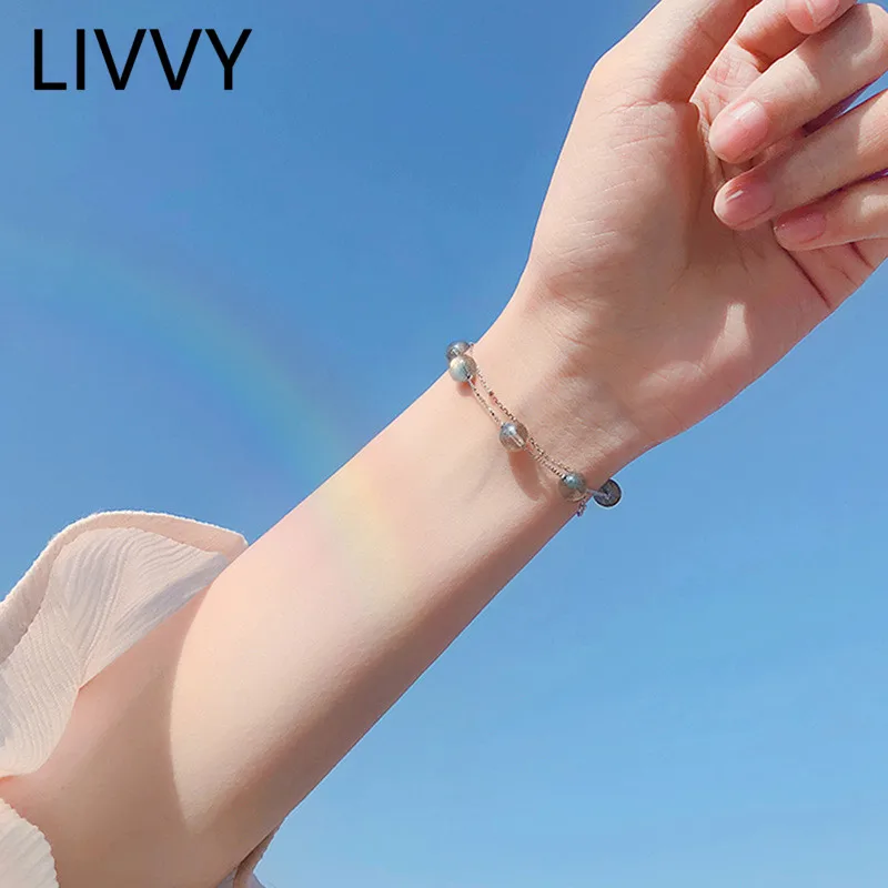 LIVVY Silver Color Double Bracelet Natural Moonstone Round Bead Chain Bangle Female Fashion High-end Design Simple Party Jewelry