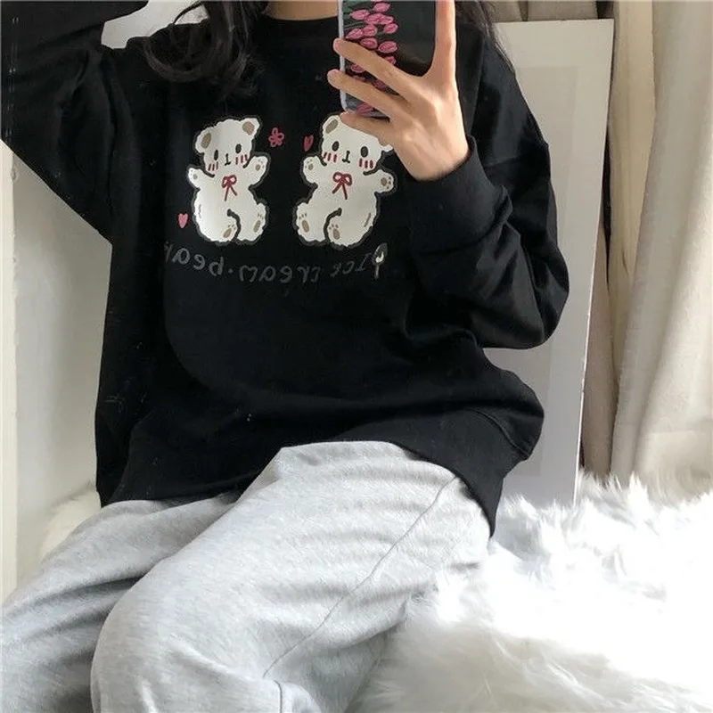 Hoodies Women Lovely Cartoon Simple Soft Loose O-neck Schoolgirls Kawaii Clothes Daily Casual All-match Popular Femme Sweatshirt