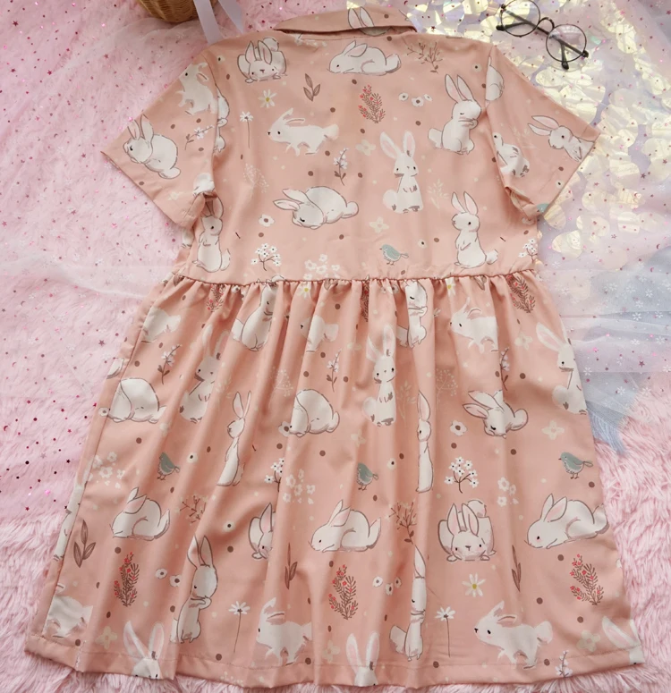 Soft Girl Kawaii Bunny Pink Dress Teens Green 2022 Summer Vintage Cute Rabbit Women Casual Chiffon Short Sleeve Shirt Dresses