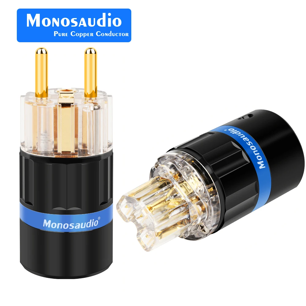 Monosaudio E105G/F105G Pure Copper Gold Plated EU version Power Plug Schuko European Male connector plug+IEC320 Female Plug