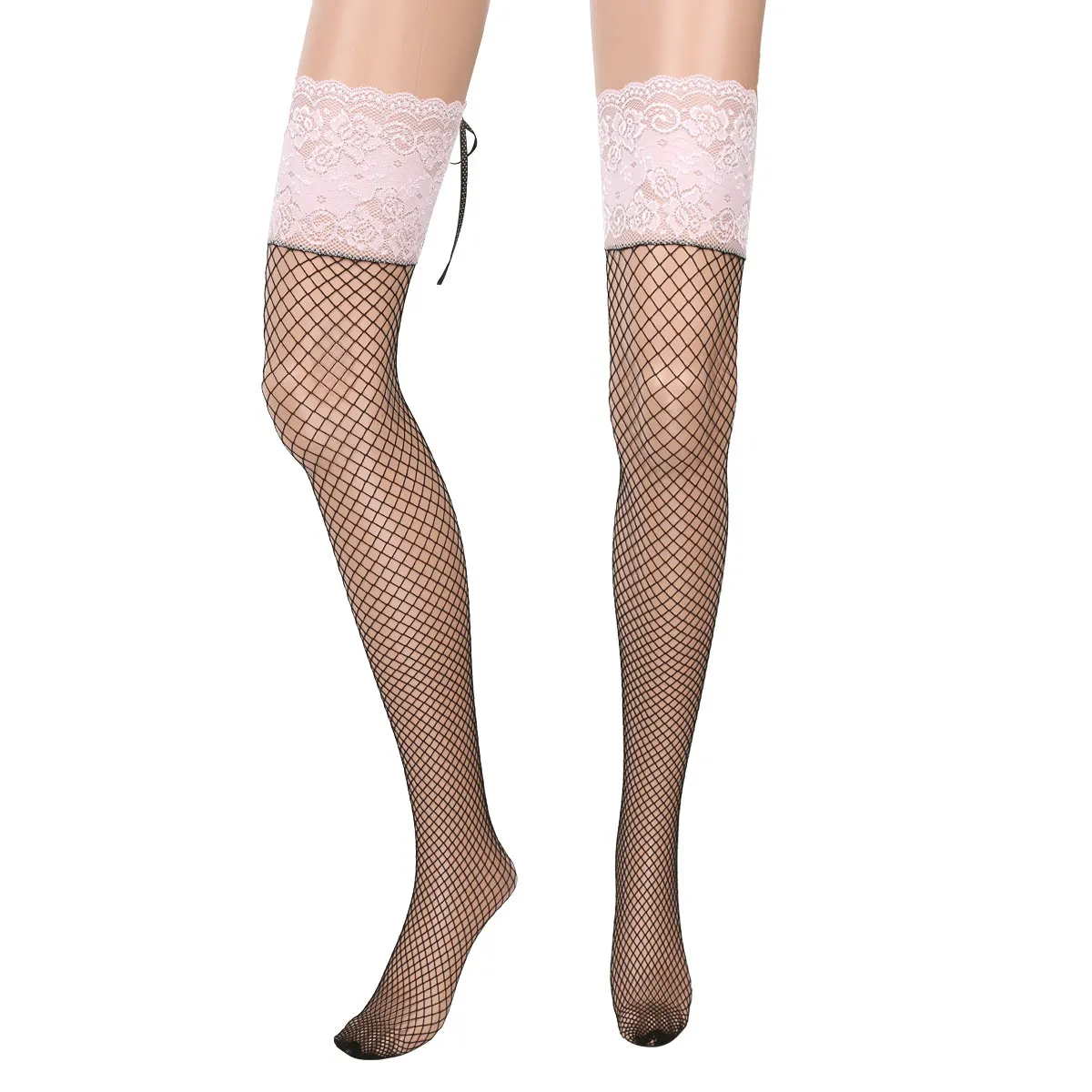 Fishnet Stocking Soft Stretchy Sheer/Fishnet Thigh-High Stockings Tall Hosiery with Vintage Lace-up Lace Top for Women Girls