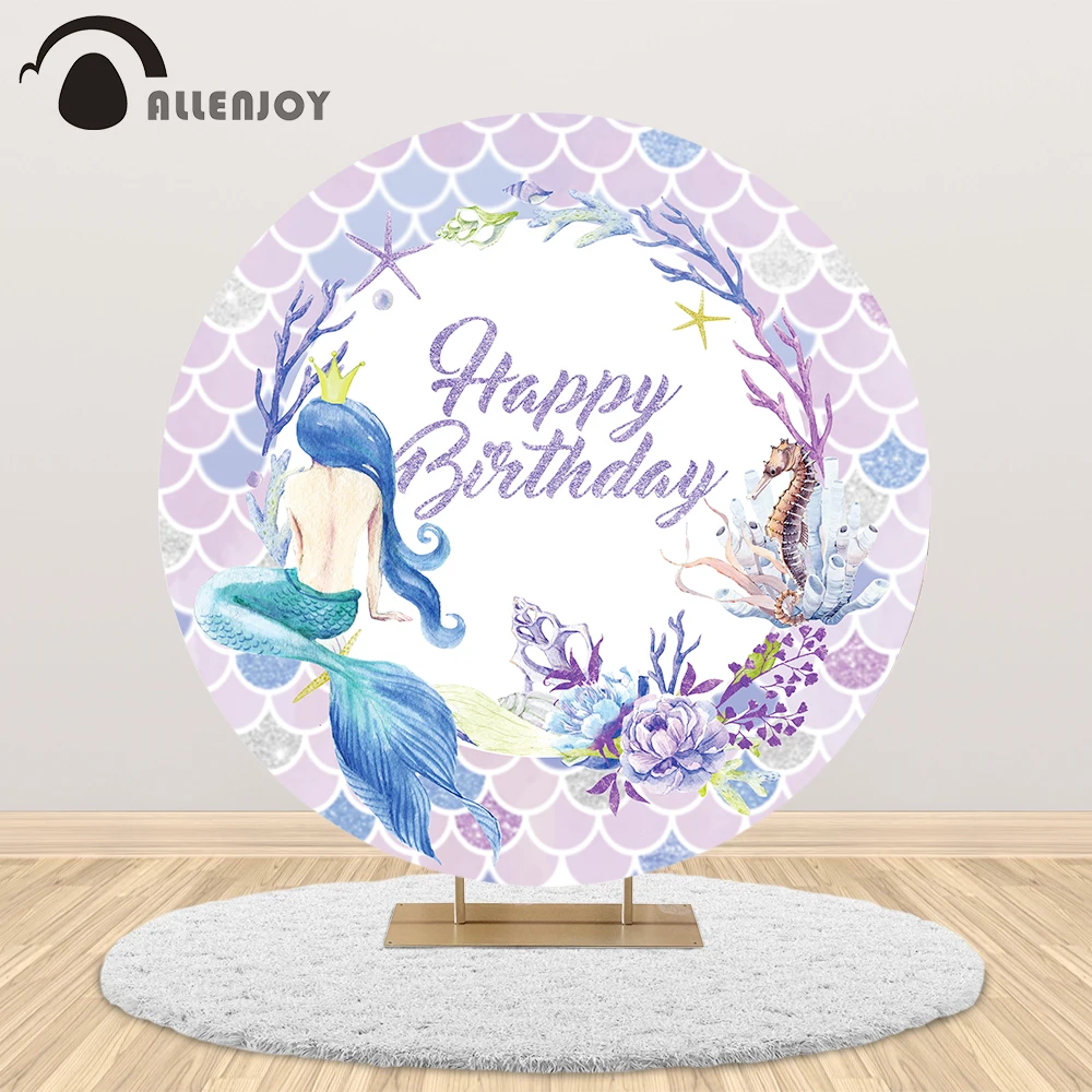 Allenjoy circle round backdrop cover Mermaid Purple gradient fish scales girl birthday baby shower banner photozone background