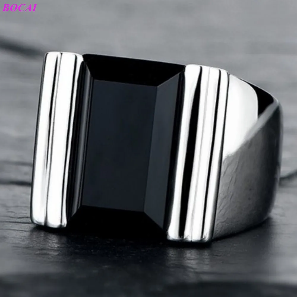 BOCAI S925 Sterling Silver Rings for Men Black Agate Fashion Personality Domineering Single Argentum Jewelry Wholesale