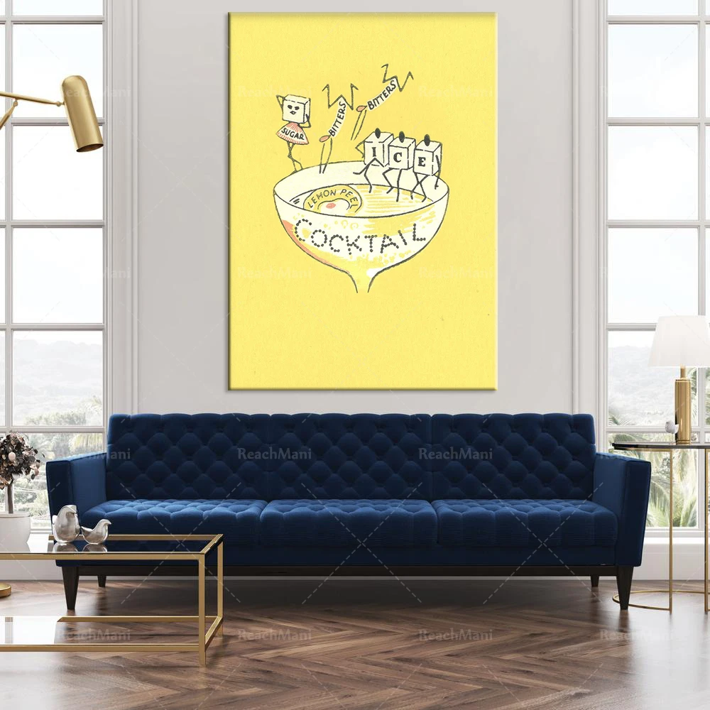 طباعة كوكتيل عتيقة، ليمون، لوحة فنية جدار المطبخ باللون الأصفر، ملصق ديكور جدار البار القديم