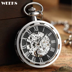 Roman Numeral Sliver Mechanical Pocket Watch Vintage Luxury Transparent Surface Steampunk Skeleton Fob Chain Clock for Men Women