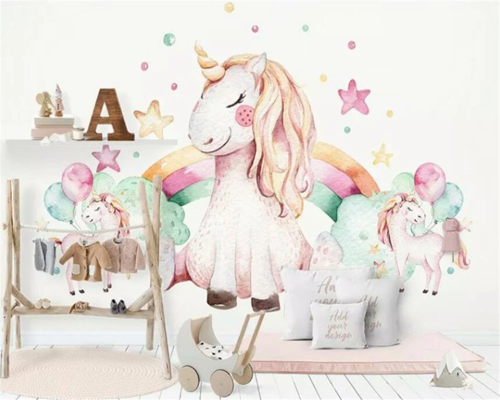 Customized 3d pink Nordic minimalist unicorn boys and girls children\'s room background wall murals Decorative 3d wallpaper