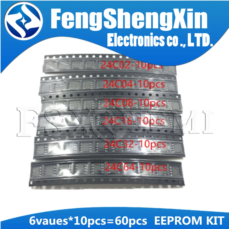 6values*10pcs=60pcs New 24C02 24C04 24C08 24C16 24C32 24C64 SOP-8  EEPROM KIT