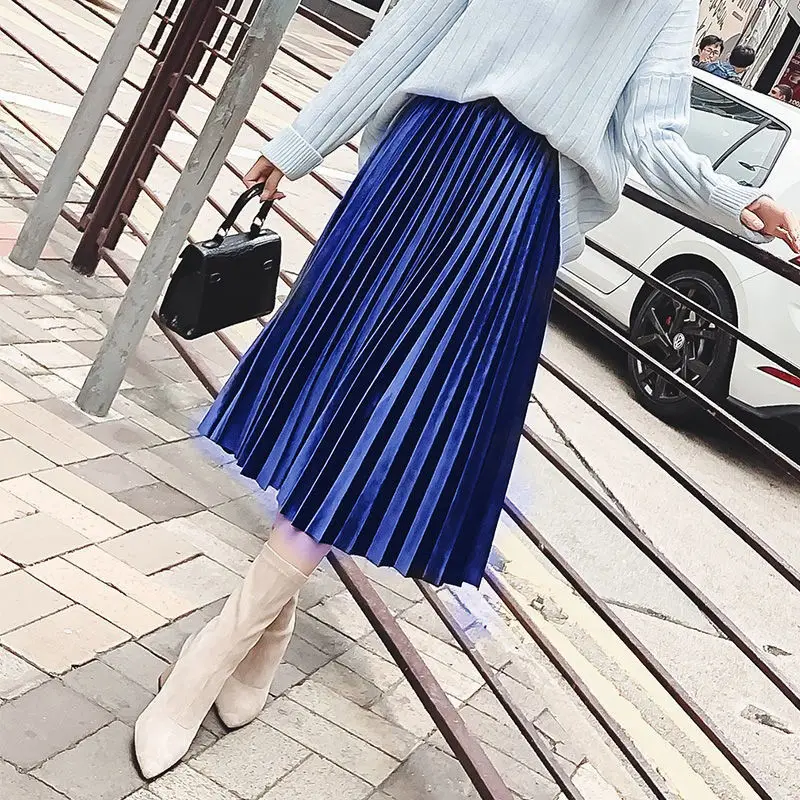 2019 new Fashion Autumn Winter Pleated Skirt Womens Vintage High Waist Skirt Solid Long Skirts New Fashion Metallic Skirt Female