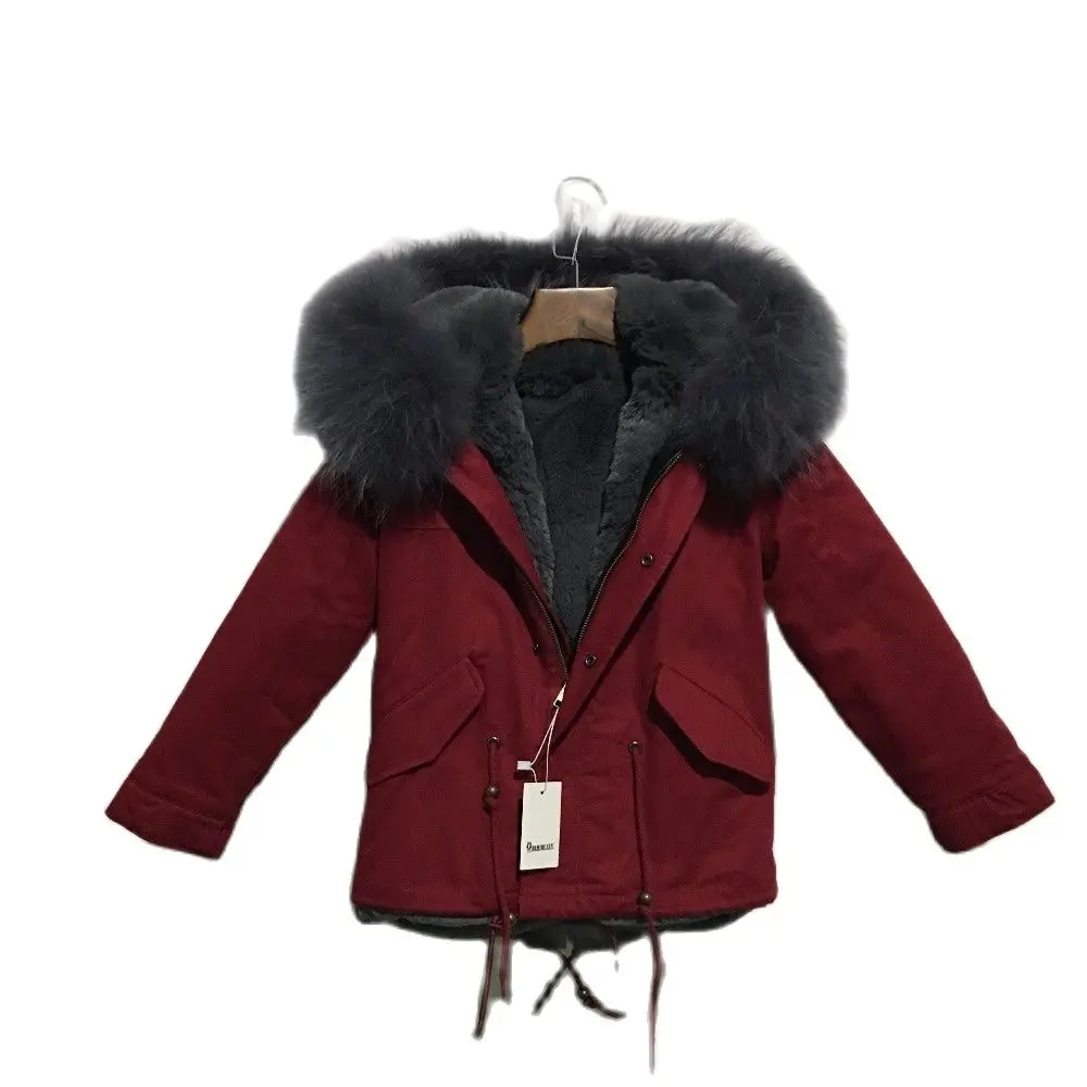 

Red Grey Fashion Mini Fur Parka Winter Casual Wear Girls Streetwear Warm Jacket With Hoodies