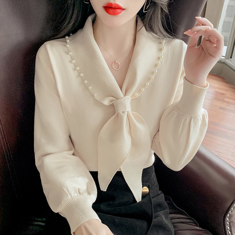 

Pullover Women Beaded Bow Tie Round Neck 2021 Winter New Korean Style Slim Bottoming Shirt Fashion Pure Color Knitted Top Femme