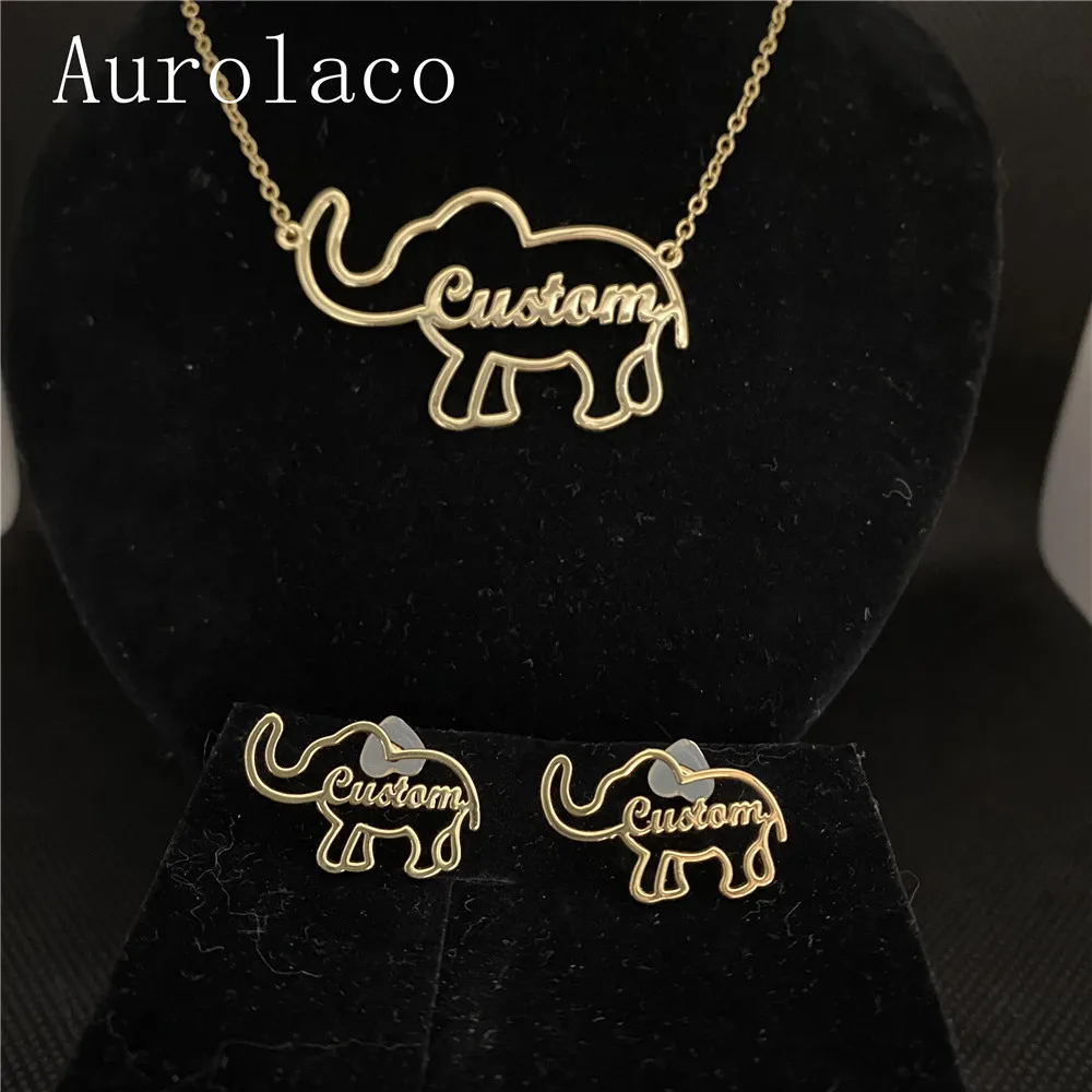 AurolaCo Elephant Jewelry Set Custom Name Necklace Personality Stainless Steel Elephant Pendant Necklace For Women Best Gifts