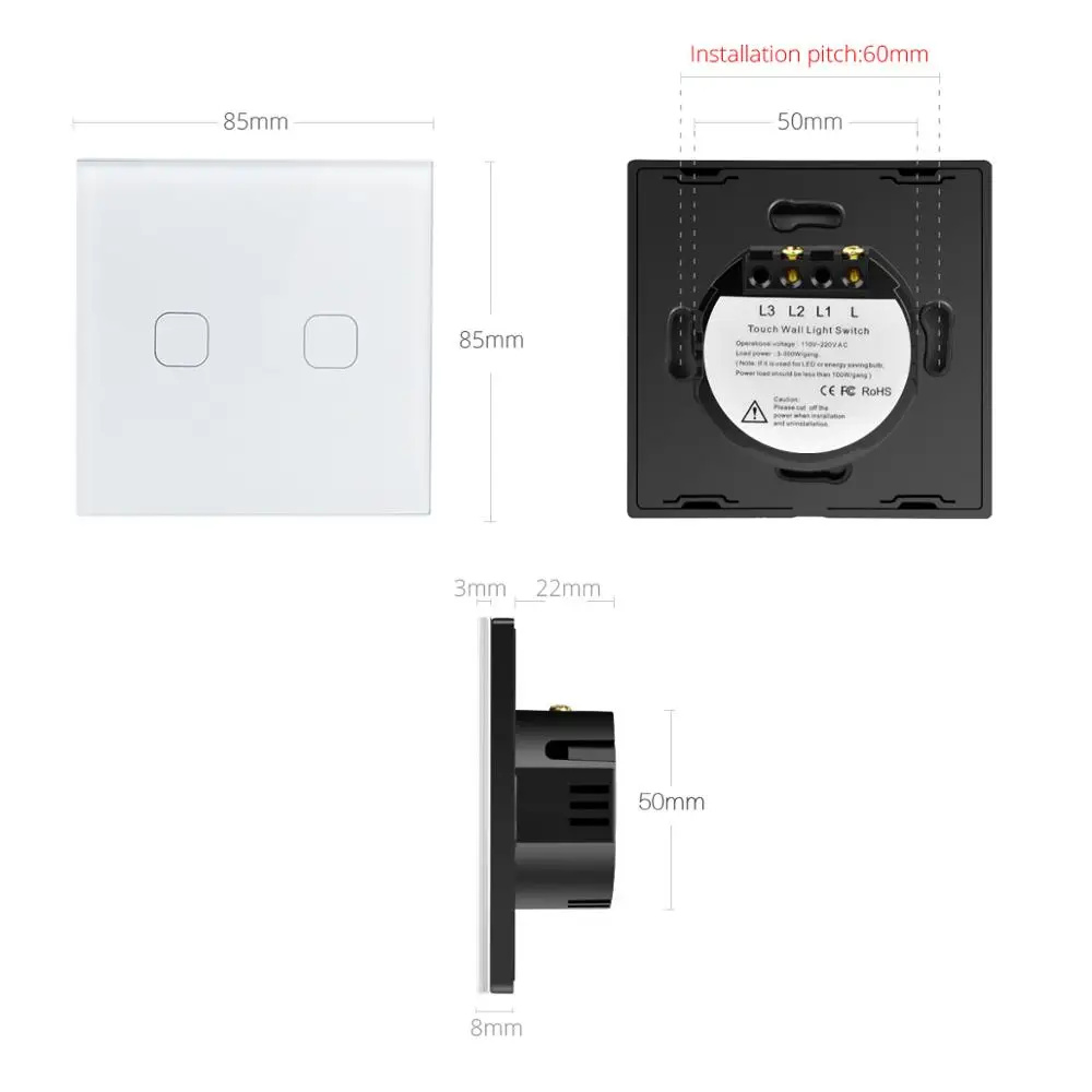 Touch Switch EU/UK standard Crystal Glass Panel Touch Switch, 220V 1/2/3 Gang 1 Way LED Light lamp Wall Touch Screen Interruptor