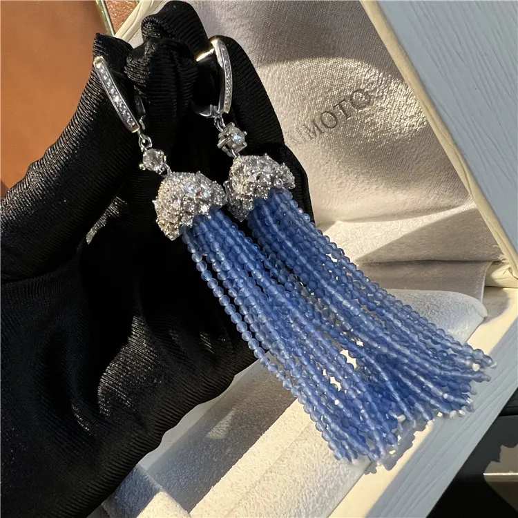 Nano stone long Tassel Earrings 925 Sterling Silver Earring