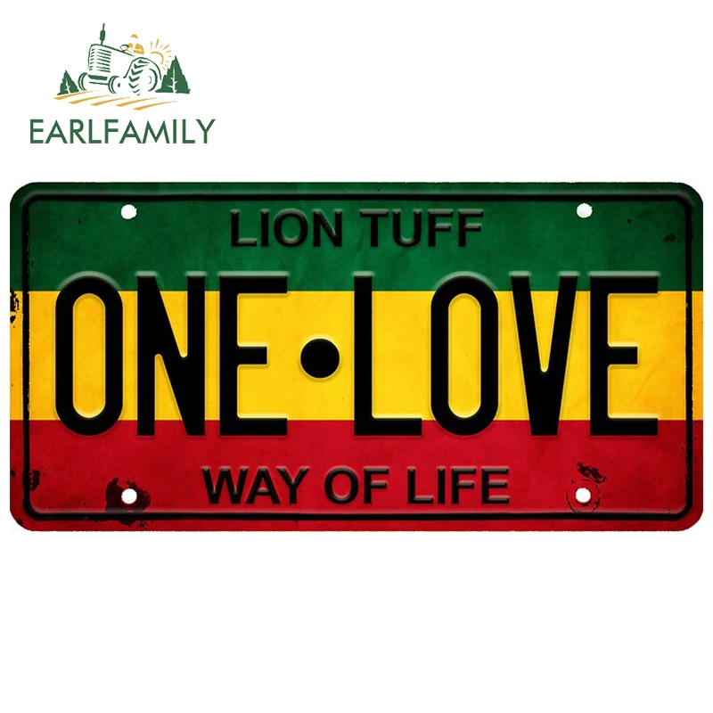 EARLFAMILY 25cm x 12.7cm for Vintage Rasta License Plate ONE LOVE Vinyl Car Stickers Refrigerator DIY Decal Surfboard Decoration