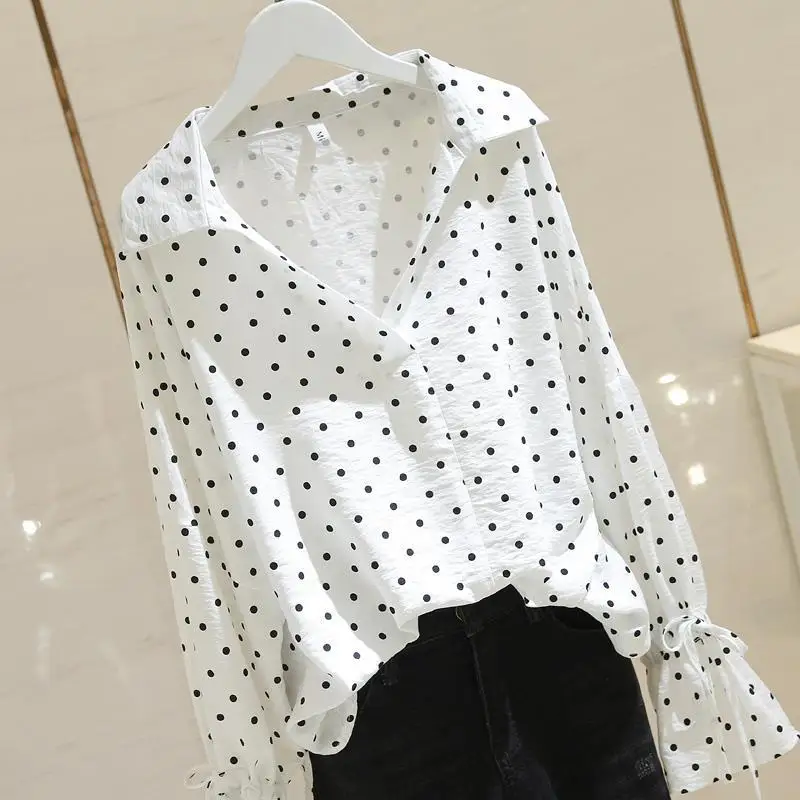 Fashion Women Blouse Chiffon V-Neck Pullovers Elegant Polka Dot Oversize Shirt Long Sleeve Ladies Top Female Casual Clothing