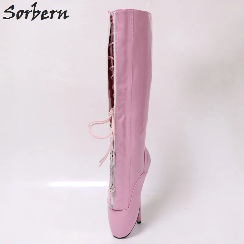 Sorbern stivali alti al ginocchio per donna tacchi a spillo rosa lucido stringate Dominatrix tacchi a spillo 18Cm tacchi a spillo chiavi scarpe