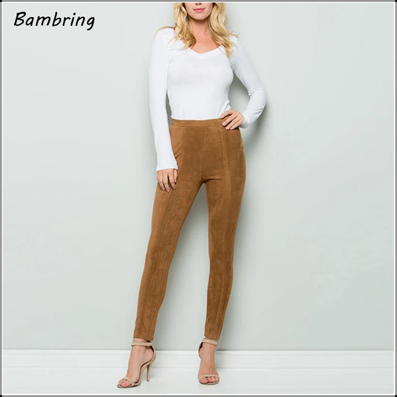 2020 Suede Leather Women Skinny Pants Ladies High Waist Large Elastic Slim Pencil Trousers Retro Spring Seamless Leggings Custom