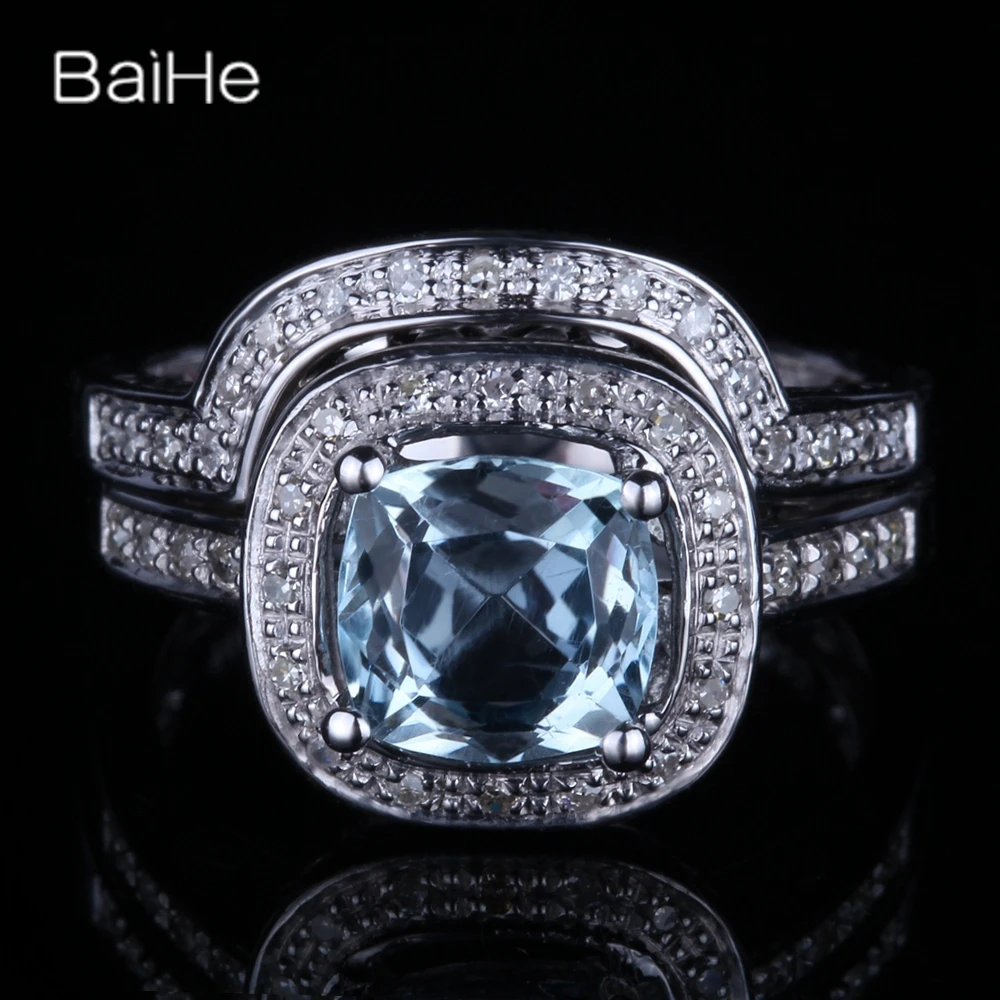 

BAIHE Solid 14K White Gold Genuine Sky Blue Topaz Ring Wedding Band Women Man Trendy Fine Jewely Sraith fáinní Un Juego Anillos