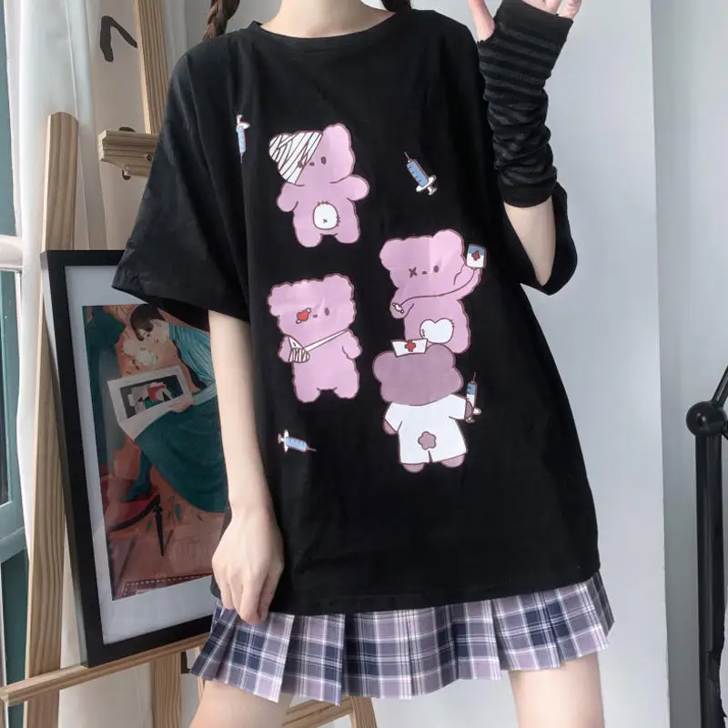 Cute Cartoon Clothes Loose Oversize Women T-shirt Punk Grunge Streetwear Black Top Harajuku Vintage Dropshipping Short Sleeve