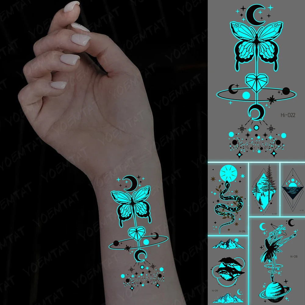 

Butterfly Luminous Tattoos Moon Heart Feather Deer Galaxy Transfer Waterproof Temporary Tattoo Stickers Body Art Tatto Women Men