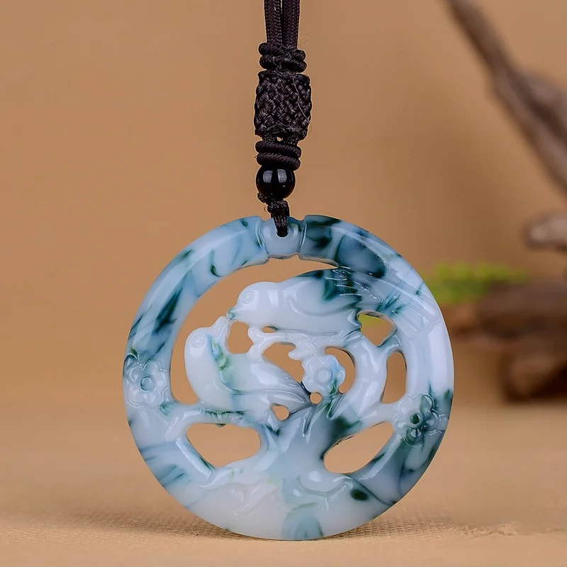 

Natural Color Jade Magpie Bird Pendant Necklace Chinese Double-sided Hollow Carved Fashion Charm Jewelry Amulet Men Women Gifts